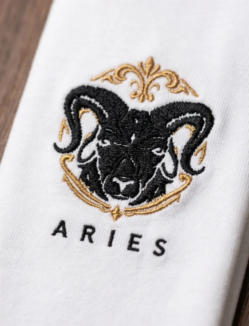 ภาพระยะใกล้งานปักราศีเมษ Aries ด้ายสีดำและทองบนผ้าขาว