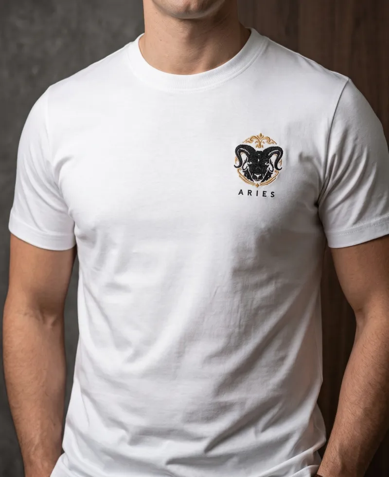 เสื้อยืดสีขาวพร้อมงานปักราศีเมษ Aries ดีไซน์มินิมอล